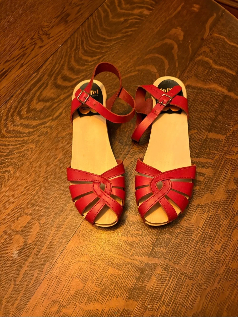 Swedish Hasbeens Red Leather Strappy Wood Platform Sandals